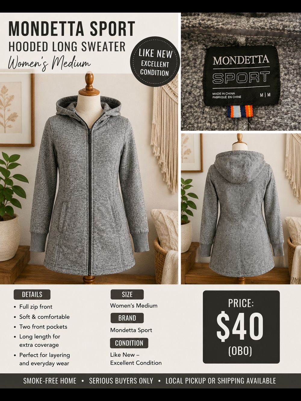 Mondetta Gray Hooded Long Zip Sweater